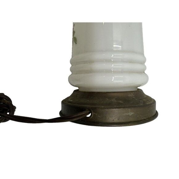 Vintage Milk Glass Oil Lamp Base With Floral Design & Brass Crown Detailing - Picture 9 of 14